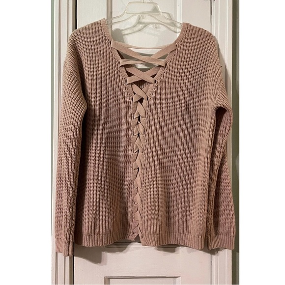 Women's Beige Knit Sweater with Crisscross Back - Picture 1 of 3